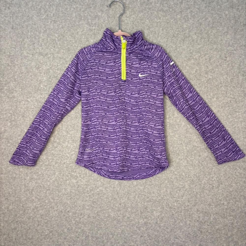 Nike Running Girls Kids 1/4 Zip Jacket Top Purple Neon Green Dri Fit Lightweight